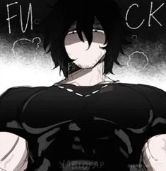 an anime character with black hair and white eyes wearing a black t - shirt that says fu