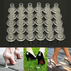 several images of shoes and plastic cups with heels on the bottom, one is in front of