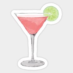 a watercolor drawing of a pink cocktail with a lime slice on the rim, in front of a white background