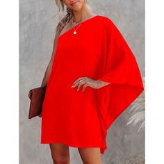 Red Sloping Shoulder One Piece Casual Dress Red Solid Color Summer Dress, Casual Red One-shoulder Mini Dress, Chic Red Solid Color Mini Dress, Red Mini Dress Solid Color, Red Solid Color Mini Dress, Red Solid Color Dress For Spring, Red Solid Color Spring Dress, Women Dresses Casual, Casual Dress Women