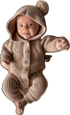 Hoodie Jumpsuit, Growing Up Too Fast, Knitted Romper, Bubble Romper, Wooden Buttons, Pom Poms, Little One, To Grow, Pom Pom