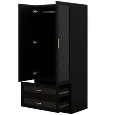 a tall black cabinet with two drawers