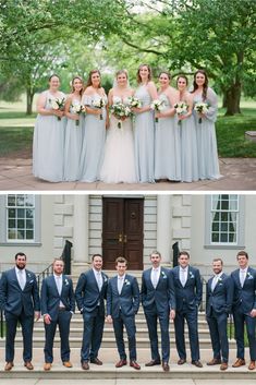 the bride and groomsmid are posing for pictures on the steps