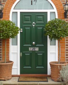 a green door with potted plants in front of it