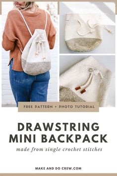 Have you ever wondered how to crochet a mini backpack? Then this boho bucket bag free pattern is for you! In this gender-neutral pattern from Make and Do Crew, you'll learn how to make crochet drawstring backpack that perfect for grownups. Visit the blog post to get the bucket bag crochet pattern and other crochet bag ideas!