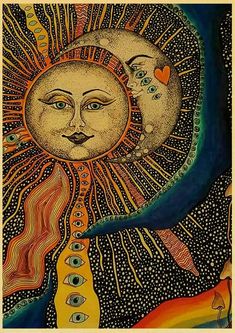 the sun and moon are depicted in this painting