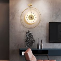 a living room with a large clock on the wall and a chair next to it