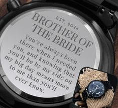 "A thoughtful & heartfelt gift for the Brother of the Bride - Wedding Party Gifts ⭐⭐ Make sure to check out my \"Walk Me Down the Aisle\" section for more Wedding Day messages to Brother, Dad, Bonus Dad, Son & More! ⭐ ⭐ https://www.etsy.com/shop/StuffGinaSays?ref=seller-platform-mcnav&section_id=35242664 A thoughtful gift that can withstand constant use, this Engraved Design Black Chronograph Watch is the perfect gift to commemorate your special day. It's a versatile piece sure to warm hearts an Wedding Day Messages, Brother Of The Bride, Bride 2023, Bride 2024, Engraved Watch, Engraved Design, Cute Wedding Ideas, Groomsmen Gift, Gift For Brother