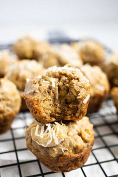 coconut muffins stacked on top of each other