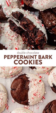 double chocolate peppermint bark cookies with white frosting and sprinkles