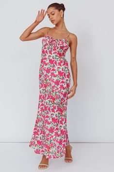 Shop the Solstice Noon Tied Bust Midi Dress Print Pink | Selfie Leslie Pink Floral Print Silk Midi Dress, Pink Floral Print Strapless Midi Dress, Pink Floral Print Viscose Midi Dress, Vibrant Pink Floral Print Midi Dress, Pink Selfie, White Strappy Heels, Selfie Leslie, Non-stretch Multicolor Floral Print Maxi Dress, Baguette Bag