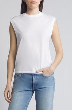 Give your layering technique a little muscle with this sleeveless T-shirt in smooth, soft Supima cotton. 23" length (size Medium) Crewneck Sleeveless 100% cotton Machine wash, tumble dry Imported Classic Sleeveless Tops For Everyday, White Muscle Tee For Spring Layering, Fitted Sleeveless T-shirt, Relaxed Fit Muscle Tee For Layering, Casual Muscle Tee With Dropped Armholes For Spring, Spring Tops With Relaxed Fit And Dropped Armholes, Stretch Muscle Tee For Everyday Spring Wear, Basic White Muscle Tee For Spring, Stretch Muscle Tee Tank For Layering