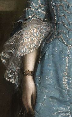 a painting of a woman wearing a blue dress and holding her hand in her other hand