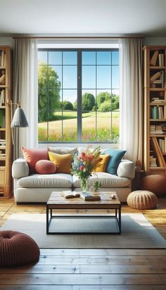 a living room filled with furniture and a large window covered in lots of bookshelves