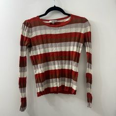 Tight Sleeves And Fitted Body. Colors Irl Are Like The Up Close Photos. Cream, Light Purple, Orange, And Brown Stripes. Used But Good, Will Look Brand New If You Remove Pilling. Fitted Orange Ribbed Top, Autumn Fits, Long Sleeve Striped Top, Orange Cream, Purple Orange, Striped Long Sleeve, Light Purple, Long Sleeve Top, Shopping List