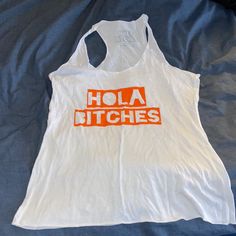 Tank W Printed Hola Bitches White Cotton Tank Top For Vacation, White Cotton Tank Top For Beach Season, White Letter Print Tank Top For Vacation, White Cotton Tank Top For The Beach, Casual White Tank Top For Beach Season, White Graphic Print Tank Top For Vacation, White Tank Top With Letter Print For Beach, White Letter Print Tank Top For Beach, Womens Tops