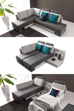 three different views of a couch with pillows on it