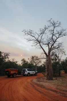 a truck is parked next to a tree on a dirt road in the middle of nowhere