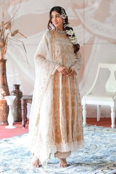 Ivory and beige anarkali with pearl and cutdana applique embroidery all over. Paired with an embroidered palazzo and embroidered dupatta. - Aza Fashions Beige Anarkali, Applique Work, Women Kurta, Embroidered Dupatta, Applique Embroidery, Ivory Pearl, Set Women, Pant Set, Work Pants