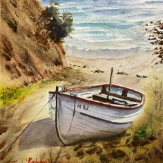 a painting of a boat on the beach