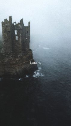 an aerial view of a castle in the ocean on a foggy day