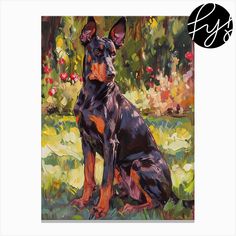 a painting of a black and brown dog sitting in the grass with flowers behind it