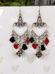 Poker  Blackjack  Craps  Heart Shape 5 Hoop Earrings  Fun and Lucky Dangling Dice Earrings with  Enamel ♣️♥️♠️♦️ playing card suit charms Playing Card Outfit, Card Accessories, Card Earrings, Casino Jewelry, Earrings Ideas, Queen Of Hearts Accessories, Queen Of Heart Accessories, Playing Card Accessories, Poker Jewelry