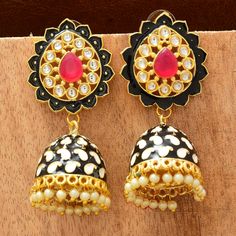 Fancy Party Wear Traditional Earrings. Perfect with ethnic & traditional wear. Perfect gift for any occasion for yourself and your dear ones. It is advisable to store jewellery in a zip lock pouch (air tight pouch), keep away from water perfume and other chemicals and clean it with dry and soft cloth. Traditional Jhumkas For Eid Festivities, Traditional Jhumkas With Pallu For Eid, Traditional Eid Jhumkas With Zari Work, Traditional Zari Work Jhumkas For Eid, Traditional Jhumkas With Zari Work For Eid, Traditional Chandbali Jhumkas With Cutdana, Bollywood Style Jhumkas With Cutdana For Festivals, Bollywood Style Cutdana Jhumkas For Festivals, Traditional Kundan Jhumkas For Navratri