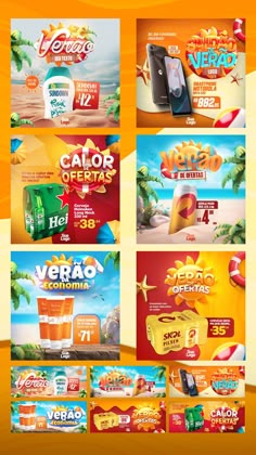 a bunch of ads for various products on the beach, including drinks and juices