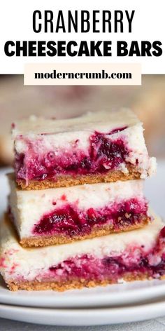 three pieces of cranberry cheesecake bars stacked on top of each other