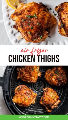 chicken thighs in an air fryer with lemon wedges