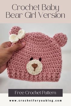 a crochet baby bear hat is shown with the text, free crochet pattern