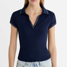 Fitted Polo T-Shirt With A Johnny Collar And Short Sleeves. Navy Blue. Cropped Polo, Johnny Collar, Polo T Shirt, Colorful Shirts, Color Blue, Polo Shirt, Short Sleeves, Navy Blue, Tops & Tees