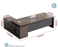 an office desk is shown with measurements for the top and bottom section, along with a laptop on it