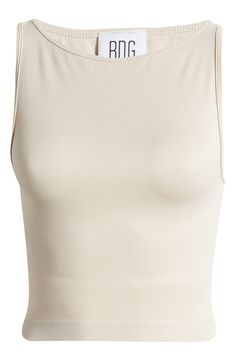 A touch of added stretch for retention gives this lightweight ribbed tank a smooth, body-hugging fit. Exclusive retailer 16 1/2" length ( size Medium) Boat neck 94% polyamide, 6% elastane Machine wash, line dry Imported Stretch Beige Tank Crop Top, High Stretch Seamless Tank Top, Compressive Ribbed Sleeveless Top, Ribbed Sleeveless Elastane Crop Top, Sleeveless Ribbed Elastane Crop Top, Basic Seamless Fitted Tank Top, Beige Seamless Tank Top, Second-skin Sleeveless Workout Top, Ribbed Elastane Tank Top