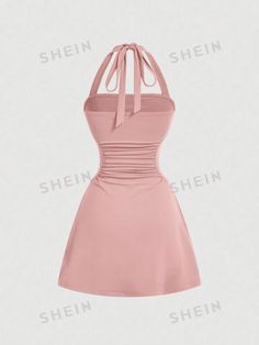 SHEIN MOD Women's Grey Halterneck A-Line Dress With Cinched Waist | SHEIN USA Fitted Sleeveless Halter Neck Dress, Solid Color Ruched Halter Neck Sleeveless Dress, Solid Ruched Halter Neck Sleeveless Dress, Ruched Halter Neck Sleeveless Dress, Ruched Stretch Halter Dress, Stretch Sleeveless Halter Neck Dress With Ruched Detail, Ruched Halter Neck Sleeveless Beach Dress, Ruched Halter Neck Sleeveless Dress For Beach, Beach Sleeveless Ruched Halter Neck Dress