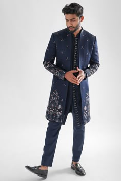 Buy PAARSH Navy Blue Heavy Modal Satin Embroidered Indowestern Set at Pernia'sPopUpShopMen 2023 Navy Blue Sherwani For Men, Sangeet Mens Outfit, Navy Blue Indo Western Men, Heavy Kurta For Men, Boys Engagement Outfit Indian, Groom Indo Western Outfit, Open Jodhpuri Suits For Men, Men Engagement Outfit Indian Grooms, Indo Western For Men Indian Weddings