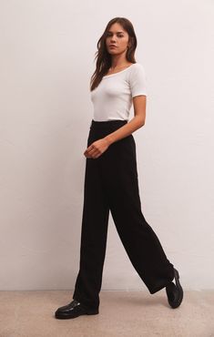 We're loving the chic wide leg style and clean lines of the Marmont Trouser. Regular Fit Model is wearing Size S. Airy Flat Rayon: 90% Rayon, 10% Nylon Hi-Rise Belt Loops Zippered Button Closure Machine wash cold, hang to dry ZP233903 Lounge Bra, High Rise Style, Rayon Fabric, Long Sleeve Bodysuit, The Chic, Quality Clothing, Clean Lines, Everyday Essentials Products, Cool Girl