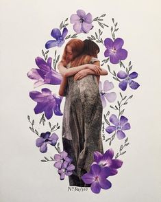 two women hugging each other with purple flowers around them