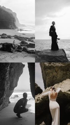 three different shots of people on the beach and in the water, one woman is wearing a long white dress