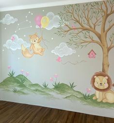 this is a child's room painted with animals and balloons