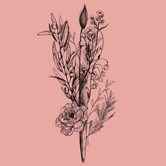 Illustration of paintbrush surrounded by different wildflowers. Olive branch, peony, rosemary, mustard plant, lily of the valley Jacks Tattoo, Levittown Pennsylvania, Revolver Tattoo, Jack Tattoo, Creating A Logo, Good Logo