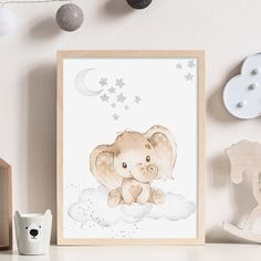 an elephant sitting on top of a cloud next to a wooden toy house and other toys