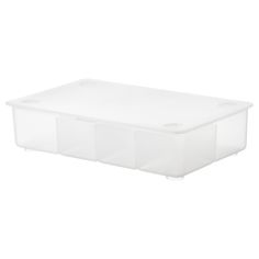 a plastic storage box with three compartments on the bottom and one in the middle, against a white background