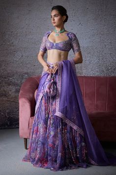 Heavily Embroidered Lehenga With Embroidered Scoop Neck Blouse And Dupatta Featuring Embroidered Borders.From Mahima Mahajan's Ishq collection. DELIVERY TIMEPlease allow 6-8 weeks for your outfit to arrive. FABRIC DETAILSOrganza Professional cleaning only. Lilac Lehenga, Lehenga Style Saree, Indian Bridesmaid Dresses, Scoop Neck Blouse, Printed Embroidery, Organza Lehenga, Organza Blouse, Vacuum Storage, Embroidered Lehenga