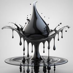 a black liquid splashing into the water on top of a white surface with dark drops