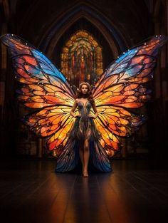 a woman standing in front of a stained glass butterfly wings with her hands on her hips