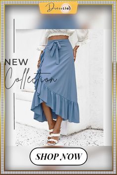 Women's Clothing Skirts Blue Solid Color Spring Autumn Skinny Skirt Lace Up High Waist Ruffle Hem Midi A-line Skirt Solid Color Long Skirt For Brunch, Solid Long Skirt For Brunch, Blue Flared Skirt For Brunch, Solid High Waist Wrap Skirt For Spring, High Waist Solid Wrap Skirt For Spring, Blue Flared Wrap Skirt For Spring, Blue Lined Skirt For Brunch, Blue Tiered Wrap Skirt For Spring, Blue Flared Wrap Skirt For Summer