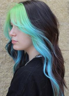 Partial Fashion Color Hair, Multicolor Money Piece Hair, Colorful Long Hair Ideas, Split Dyed Hair Front Pieces, Pink And Blue Money Piece, Halo Vivid Hair Color, Hair Color Inspo Colorful, Vivid Hair Color Blocking, Teal Streaks In Blonde Hair