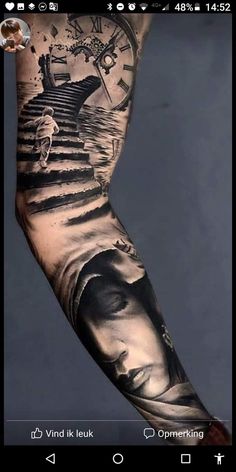 a man's arm with a clock and stairs tattoo on the left side of his arm